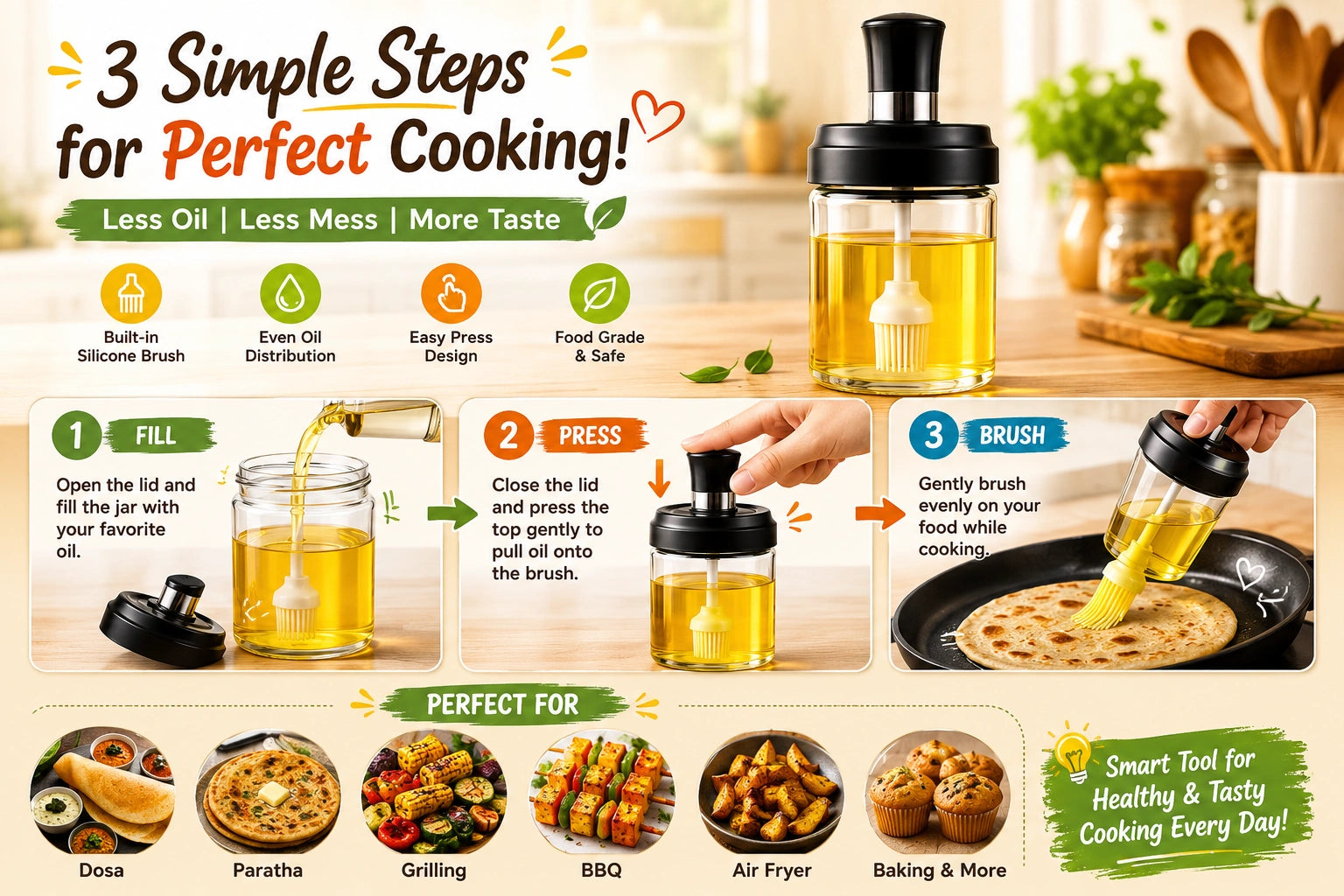 250ml Smart 2-in-1 Oil Brush for Mess-Free Cooking, Baking & Grilling