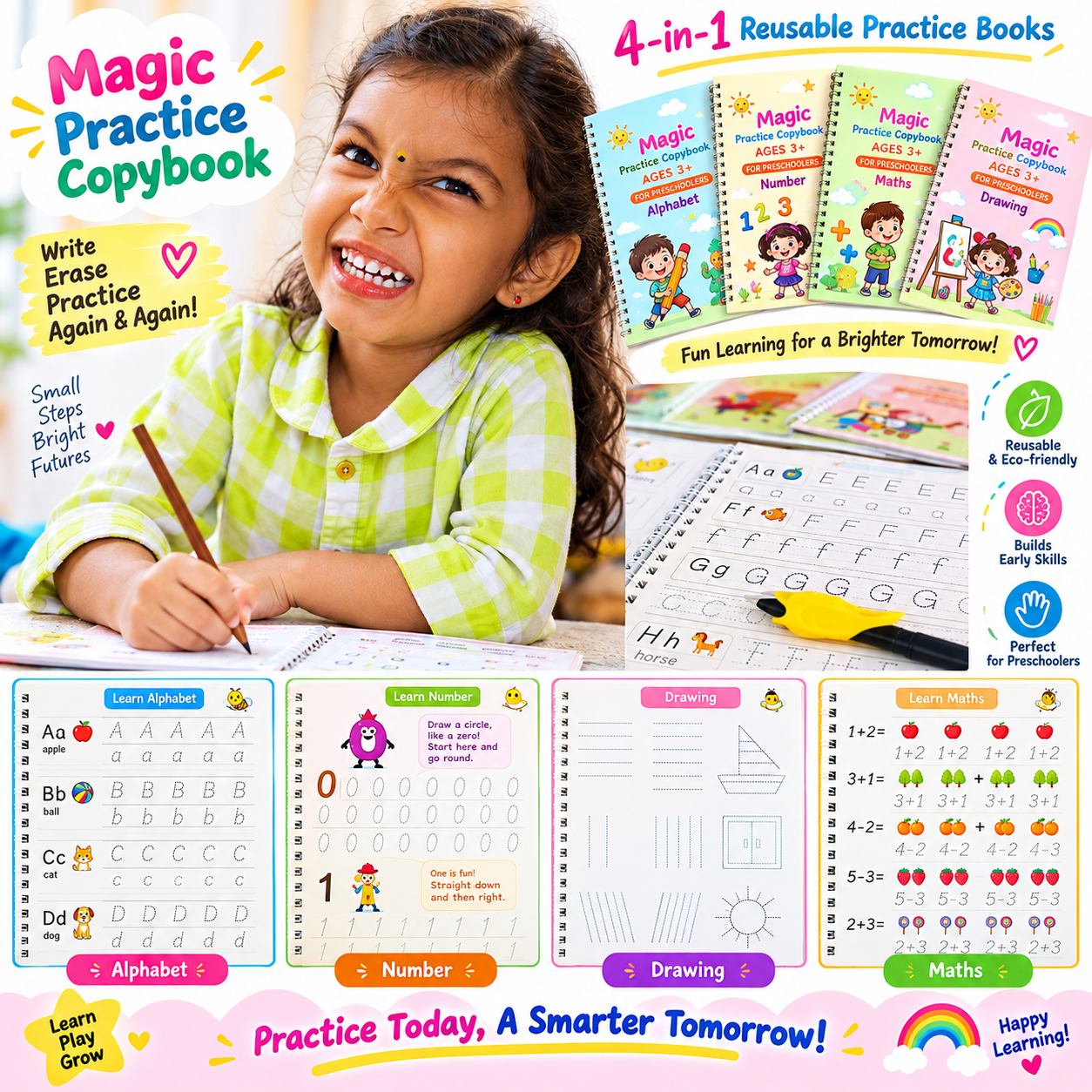 Improve Handwriting Fast! Reusable 4 Pc Magic Copybook Set for Kids & Adults