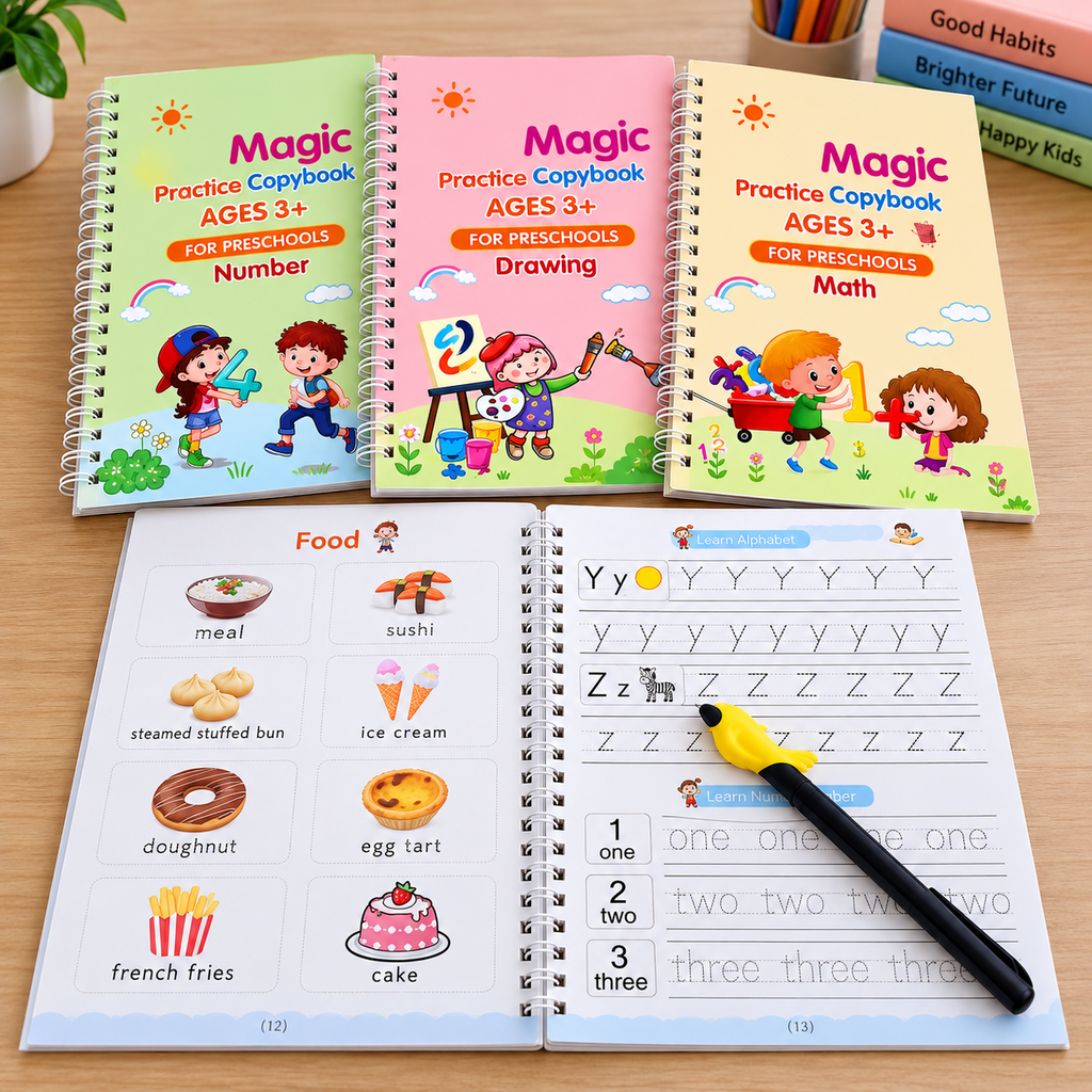 Improve Handwriting Fast! Reusable 4 Pc Magic Copybook Set for Kids & Adults