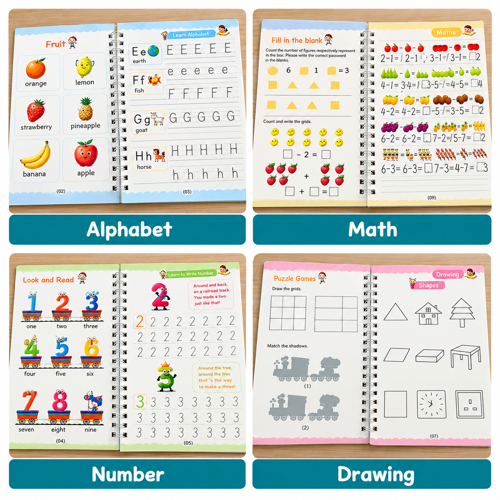 Improve Handwriting Fast! Reusable 4 Pc Magic Copybook Set for Kids & Adults