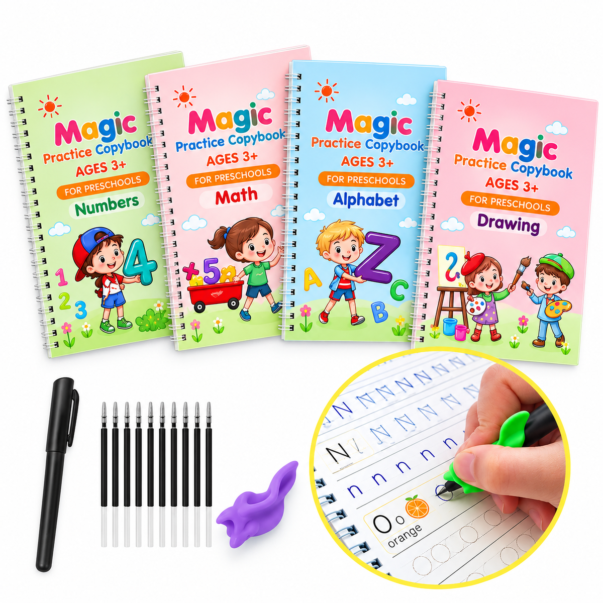 Improve Handwriting Fast! Reusable 4 Pc Magic Copybook Set for Kids & Adults