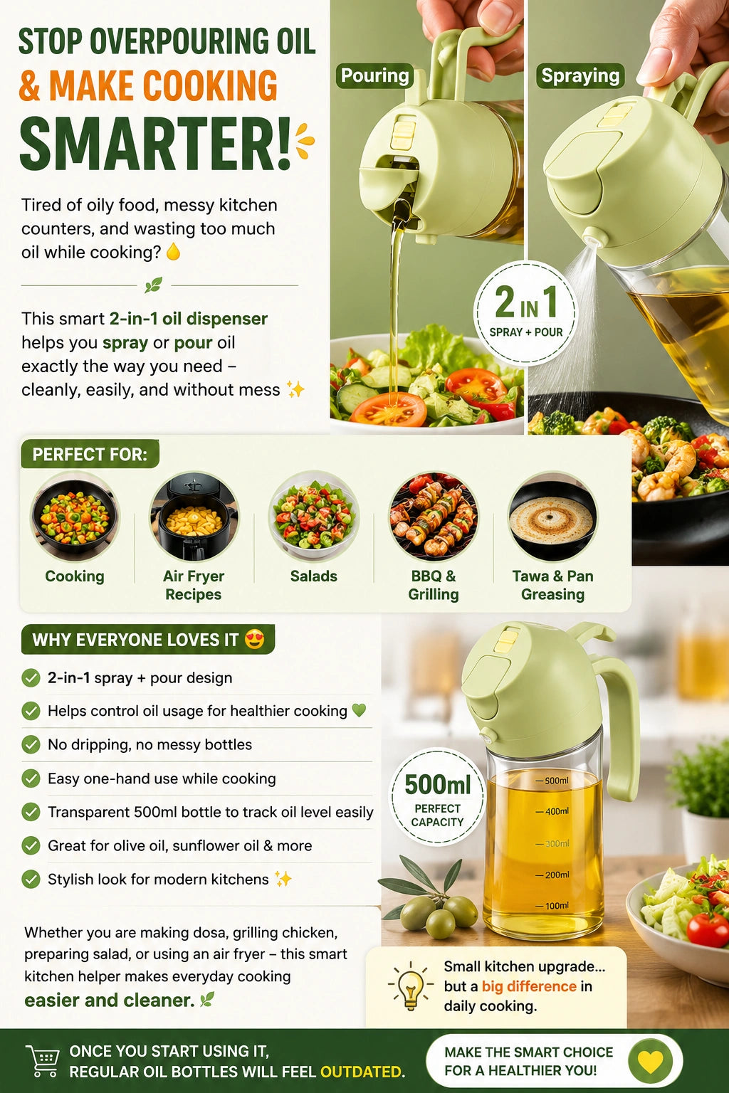 500ml 2-in-1 Cooking Oil Spray Bottle for Mess-Free Cooking