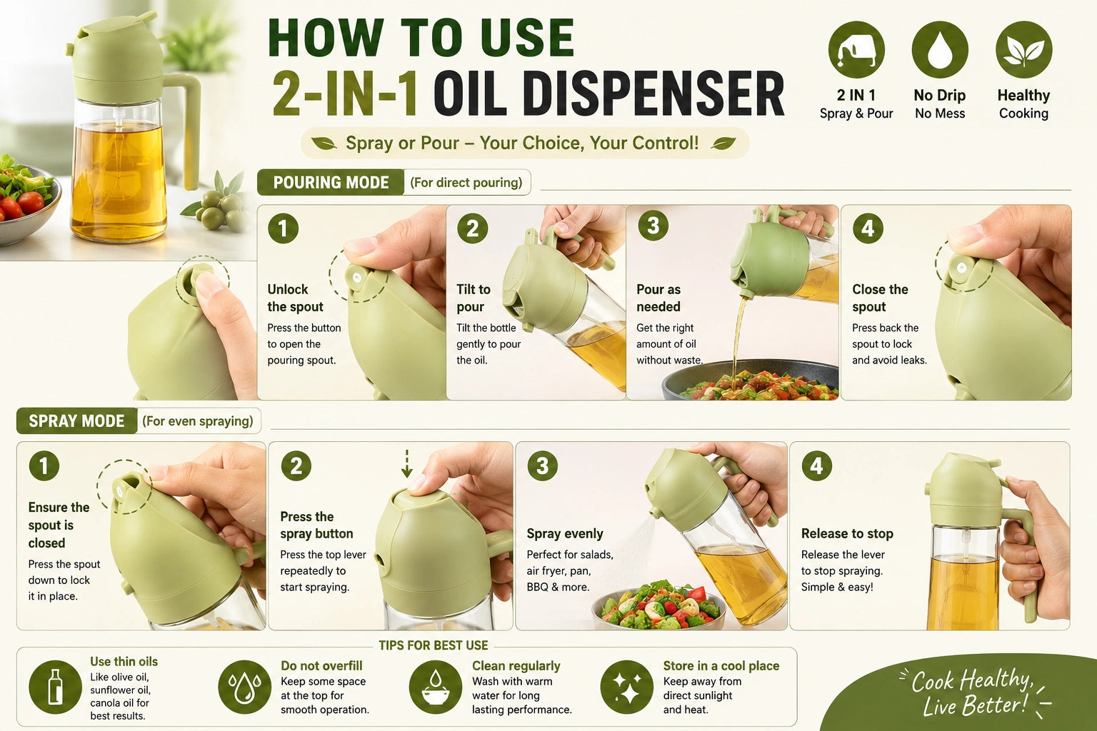 500ml 2-in-1 Cooking Oil Spray Bottle for Mess-Free Cooking